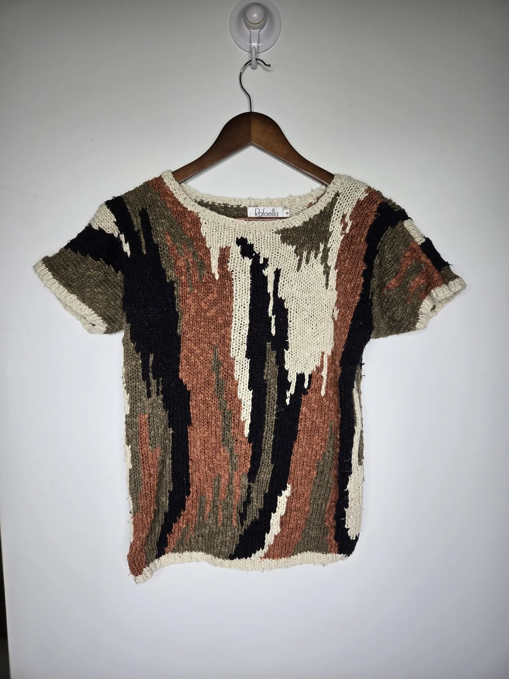 Rafaella Vintage Abstract Knit Short Sleeve Sweater Earthy Multicolor Size M